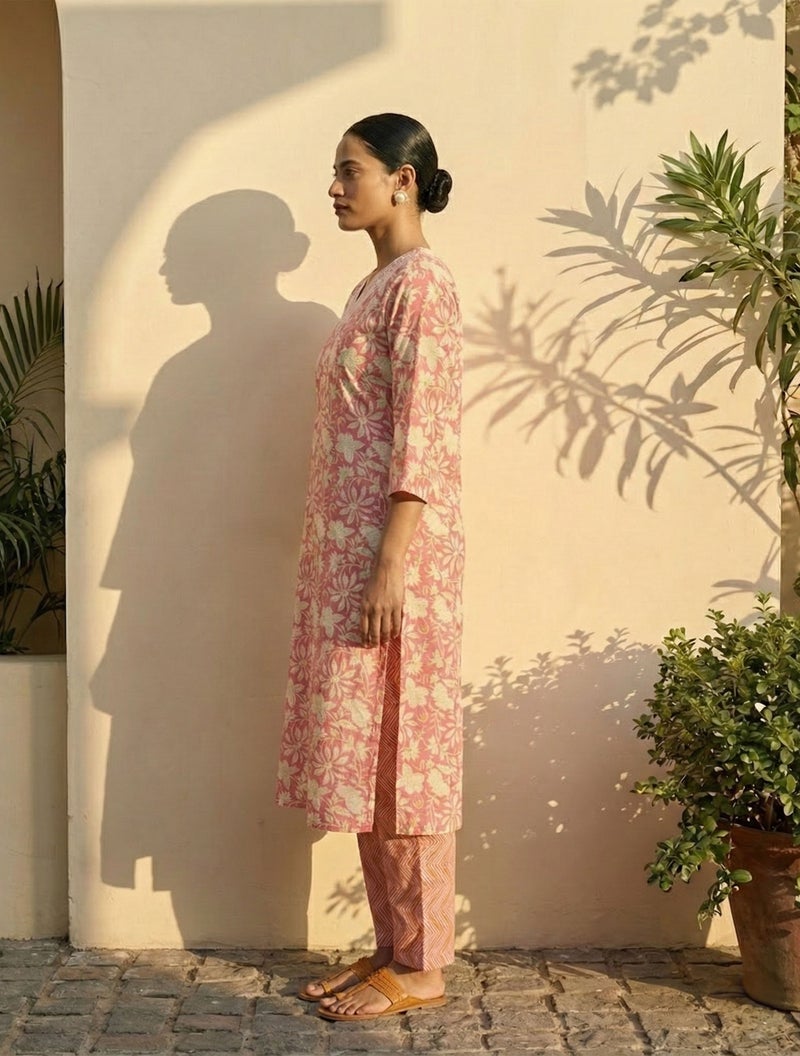 trueBrowns Pink Floral Print Kurta Pant Dupatta Set - Image 3